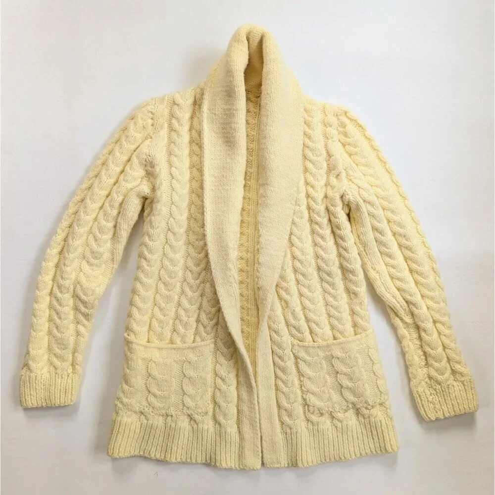 Hand Knit Women's Classic Cable Cardigan Size Small Butter Yellow